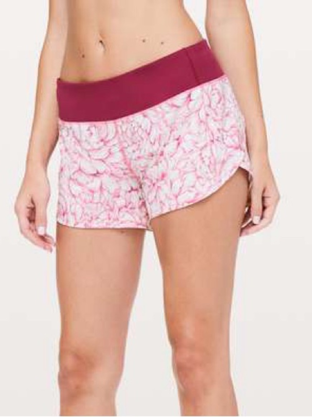 Lululemon Women’s Pink Floral Running Shorts with Maroon Waistband